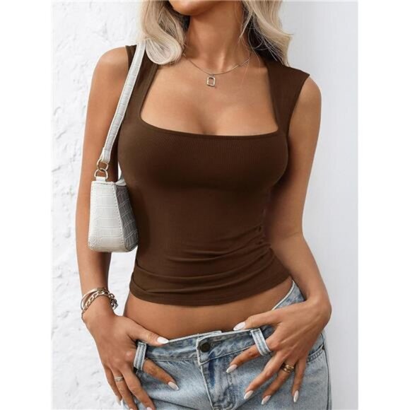 Women's Square Neck Tank Tops Basic Fitted Cami Summer Going Out Top - Picture 4 of 7